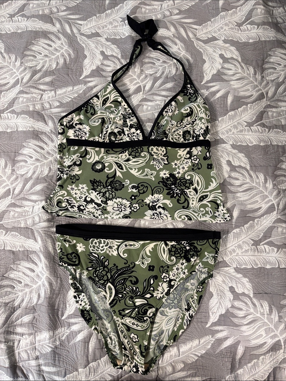 Olive Green Paisley Halter Tankini Set with Black Trim